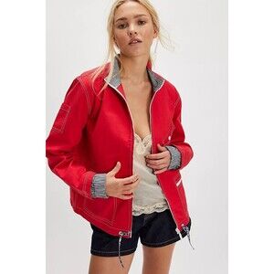Free People We The Free Top Down Jacket Drawcord Red Cotton Zipup XS New 285696